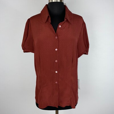 Semantiks Womens L Tiny Threaded Dot Pattern Silk Button Down Top Puff Sleeves