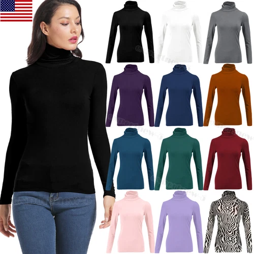 Womens Basic Lightweight Turtleneck Long Sleeve Pullover Solid Top High Neck US - Picture 1 of 19