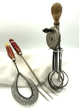 Vtg Hand Egg Beater 12  , Vtg Meat Fork, Vtg Wire Whisk/Wood HandlesLot Of 3/ USA