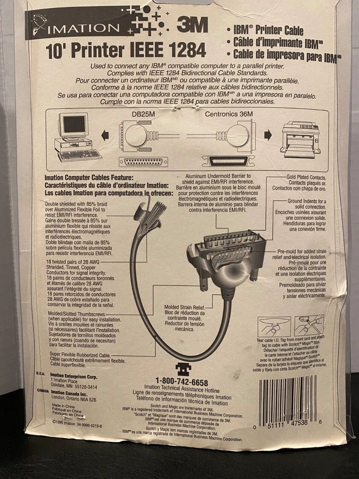 IMATION 10FT Bidirectional Parallel Printer Cable IEEE-1284 DB25M To CN36M - Image 2 of 2