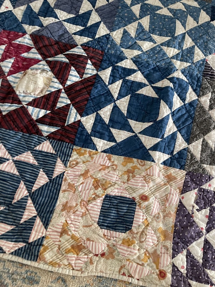 Vintage Patchwork Quilt Blanket Calico Antique Indigo 1900s Hand Sewn