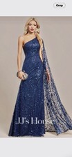 NEW Sz 8 JJ  s House Aemelia One Shoulder Cape Formal Gown Dress Dark Blue Sequin