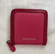 Vera Bradley Hot Pink Leather Bifold Wallet Zip Around 4.25 In Square