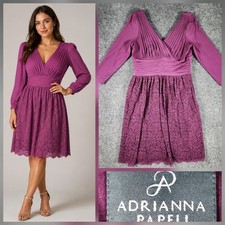 Adrianna Papell Cocktail Dress Womens Sz 6 Plum Lace Pleated V-Neck