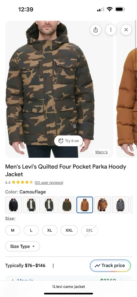 Chaqueta con capucha parka de cuatro bolsillos camuflaje Levi's para hombre *talla grande* Foto 3 de 3