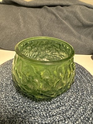 Vintage 1970s E.O. BRODY 6'' Round Green Glass Crinkle Texture Vase MCM G105