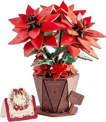 3D Flower Wooden Puzzles for Adults - Poinsettia Building Set Craft Kit, 153 PCS