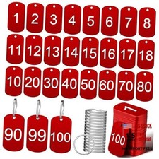 MorningRo 100 Pcs Aluminum Number Tags with Key Rings Number 1 Rectangular Red