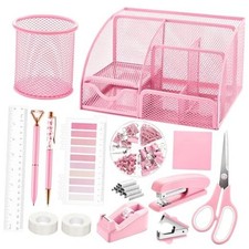 11 Pcs Office Supplies Set Mesh Desk Organizer Accessories Kit include Pink