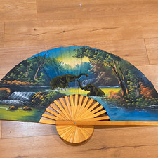Vintage Folding Hand Fan Painted Elephant Landscape Waterfall Wood Ribs