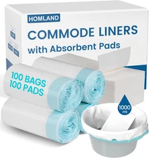 Commode Liners with Absorbent Pads, 100 Disposable Commode Bags and 100 Commode 