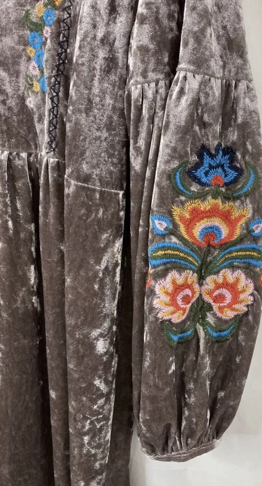 Top túnica bordada de terciopelo aplastado boho de la década de 1970 Davi & Dani para mujer talla S Mocha nuevo Foto 4 de 4