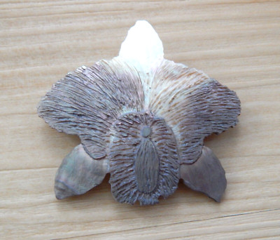Vintage Heavy Carved Abalone Mother of Pearl Orchid Flower Brooch Pin Signed