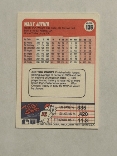 Wally Joyner (#136) - California Angels - 1990 Fleer Baseball - Bild 2 von 2