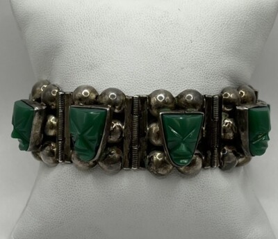 Vintage Sterling Silver 925exico Carved Face Malachite Panel Bracelet (55.6g)
