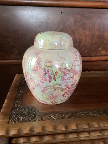 Vintage 6.5” Maling pearl lustre ginger jar vase & cover butterflies, birds etc - Picture 21 of 24