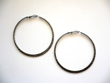 Hammered Antique Silver Tone Large Hoop Earrings Dark Gray 3" Boho NWOT