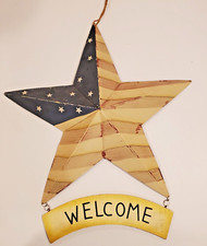 Metal Barn Star Welcome Sign Patriotic Decor Hanging American Flag Blue/Yellow