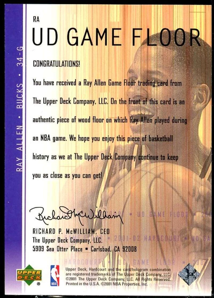 Ray Allen Card 2001-02 Upper Deck Hardcourt UD Game Floor #RA  - Image 2 of 2
