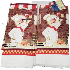 Set of 2 Same Printed Kitchen Towels(15x25")FAT CHEF WITH WINE BOTTLE ON TRAY,GR