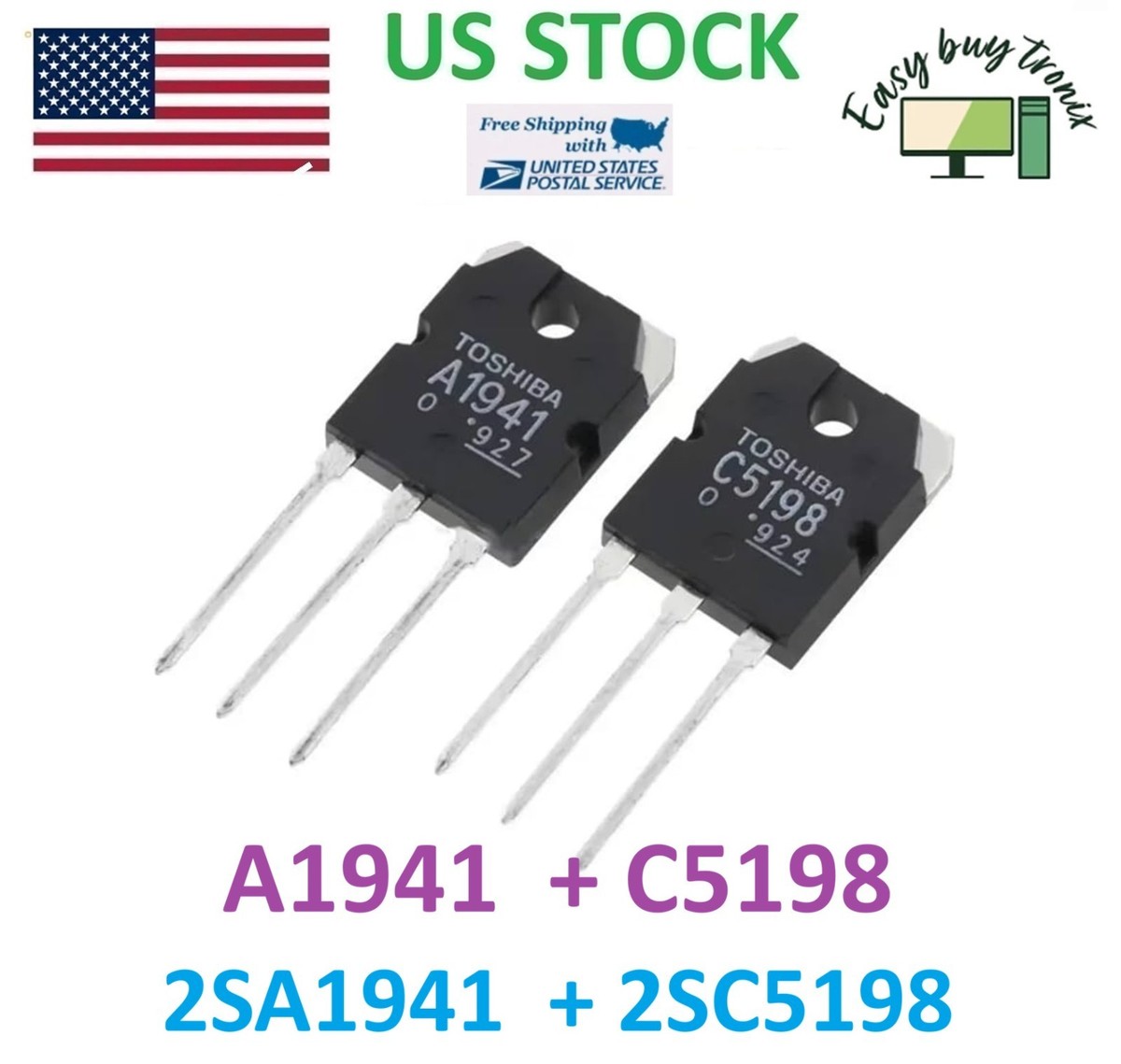 1pair 2SA1941 & 2SC5198 A1941+C5198 Toshiba Transistor PNP NPN 10A