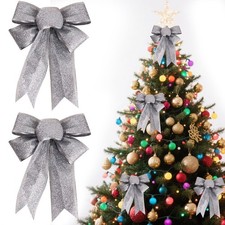 Christmas Tree Bows 2 Pack - Silver Glitter 9 x 7 inches,