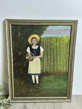 Original Folk Primitive Painting European Girl In Garden Framed & Signed 1958