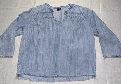 Splendid Sz L Womens 100% Lyocell Blue Denim Charmbray Notch Neck Shirt Classic