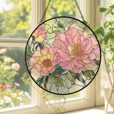 Peony Floral Stained Glass Suncatcher, Pink Flower Window Hanging Decor