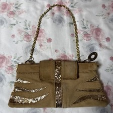 Vintage Steve Madden Clutch Shoulder Bag Tan Suede Glitter Chain Strap