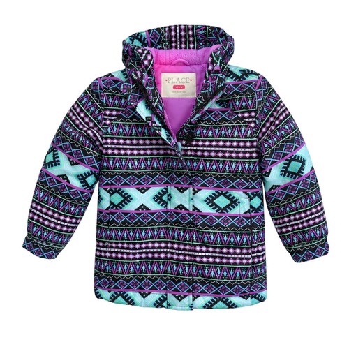 The Children's Place Girls XS 4 Puffer Jacket Geometric Purple Teal Hooded Coat