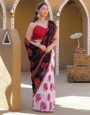 Women's Chiffon Printed Saree With Unstitched Blouse Piece