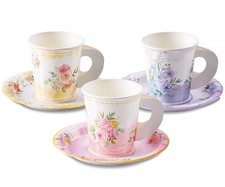 24 Disposable Paper Tea Cups and Plates for Birthday, Tea Party, Floral Decor