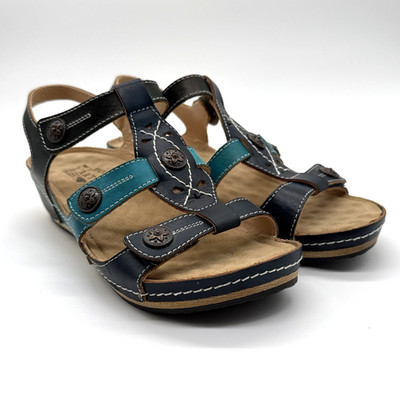 L'Artiste by Spring Step MELISSA Navy/Teal Leather Wedge Sandal Wm US 7.5 & EU38