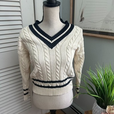 Karen Austin Sweater Womens P Cream V-Neck Pullover Tennis Prep Cable Knit 90s