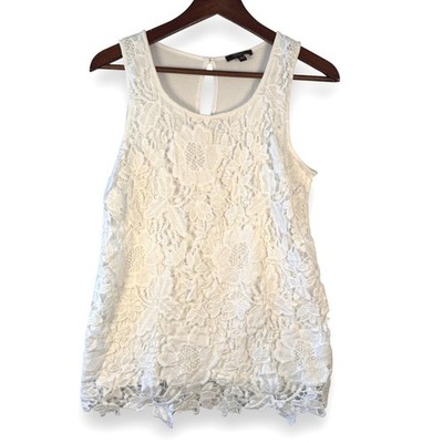 Cupio White Floral Lace Sleeveless Keyhole Back Blouse Top Medium