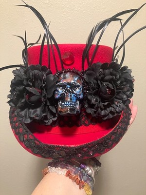 Custom Queen of Staves Red and Black Top Hat with Hand Painted Skull Goth Hat