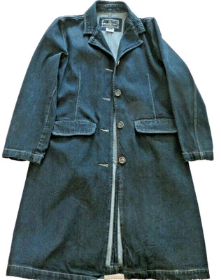 Trench Coat Denim Women M Classic Dressy Casual Back Slit Boho Dark Blue Pockets