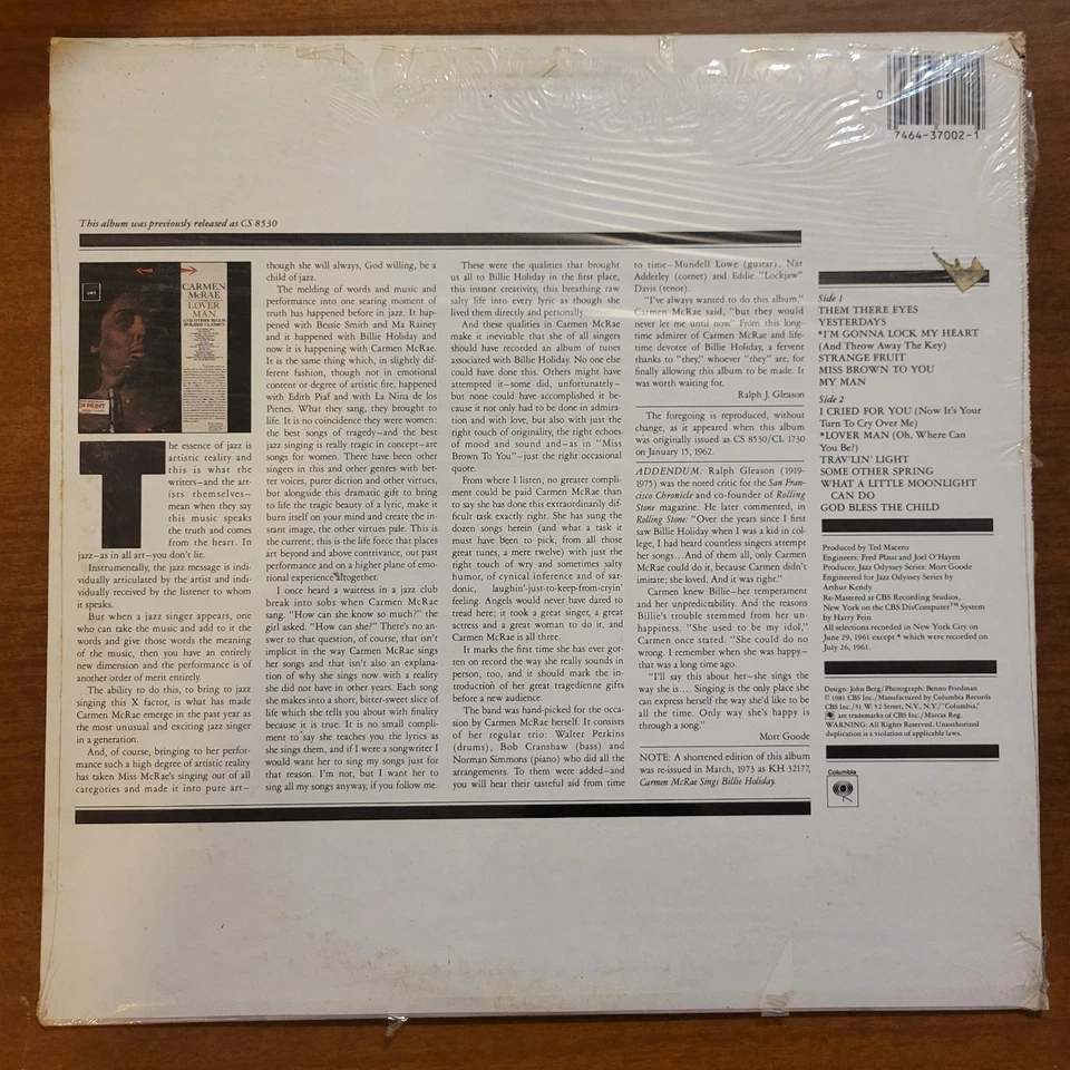 Carmen McRae Sings "Lover Man" And Other Billie Holiday Classics 1981 Columbia  - Image 2 of 2