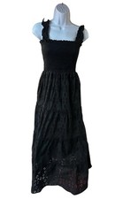 Quince Women 100% Organic Cotton Eyelet Smocked Midi Dress Black Small