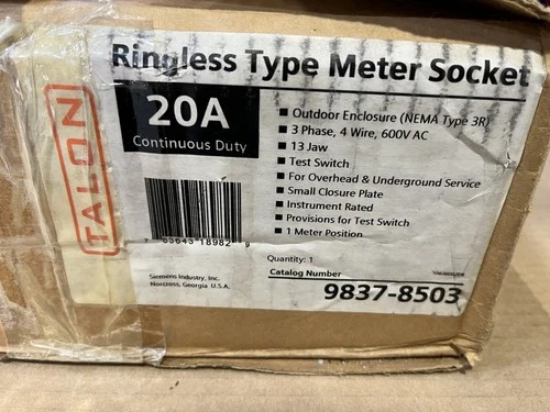 Talon 9837-8503 13 Jaw 20A Cont. 3Ø4W RL Meter Socket w/ Test Switch Provisions