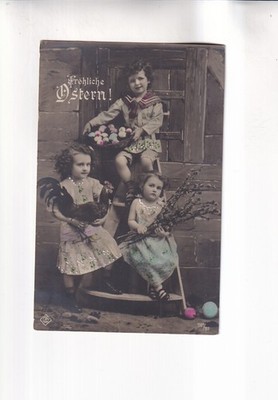 G1714 OSTERN Ansichtskarte EASTER Postcard Kinder Kids Hahn Eier Eggs 1911