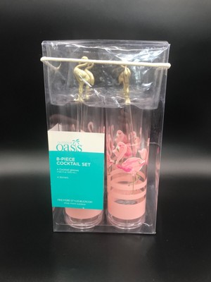 Oasis Outdoor Acrylic 8 Piece Cocktail Set Flamingos 4 Glasses 4 Stirrers - NEW