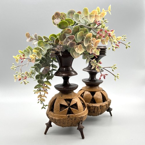 VTG Set HAND-CARVED TURNED-WOOD Brazil Nut Pod CANDLE HOLDERS Folk Art LATIN AM - Picture 2 of 23