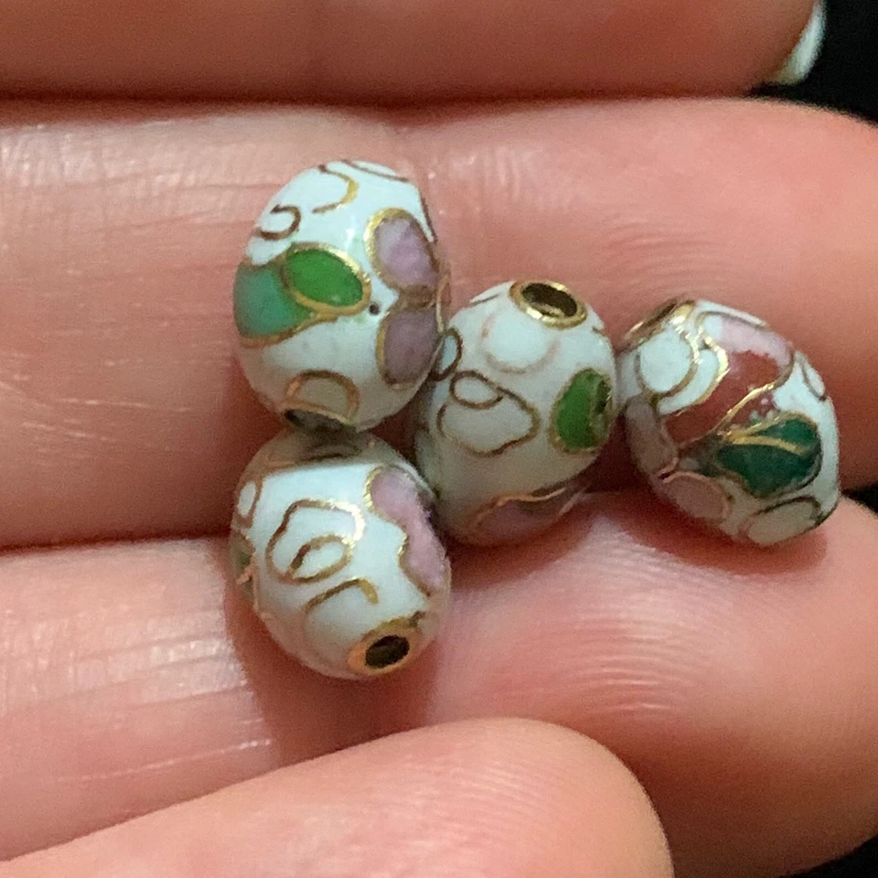 4 件复古白色粉红色花朵叶子 Cloisonne 中国珐琅椭圆形珠 9x7 毫米 — 第 3/4 张图片