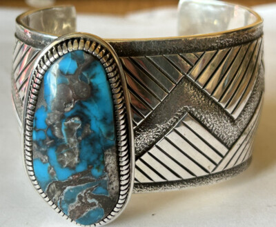 Signed Navajo Jennifer Curtis Sterling Silver Bisbee Turquoise
