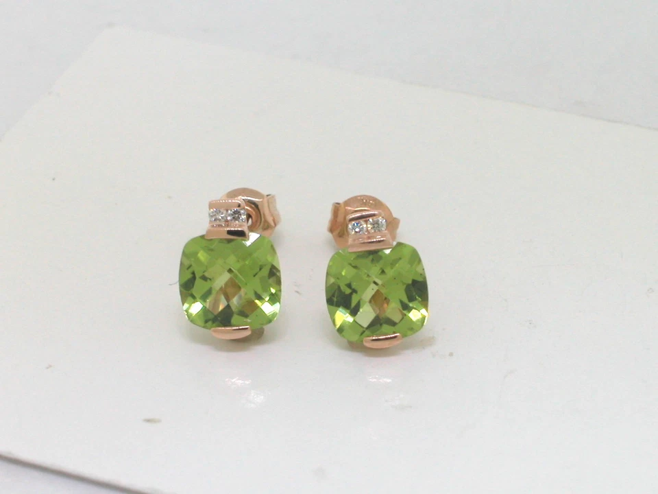 Paar Peridot Ohrstecker 585 Rotgold 14Kt Gold natürliche Peridots 4 Brillanten  - Bild 2 von 4