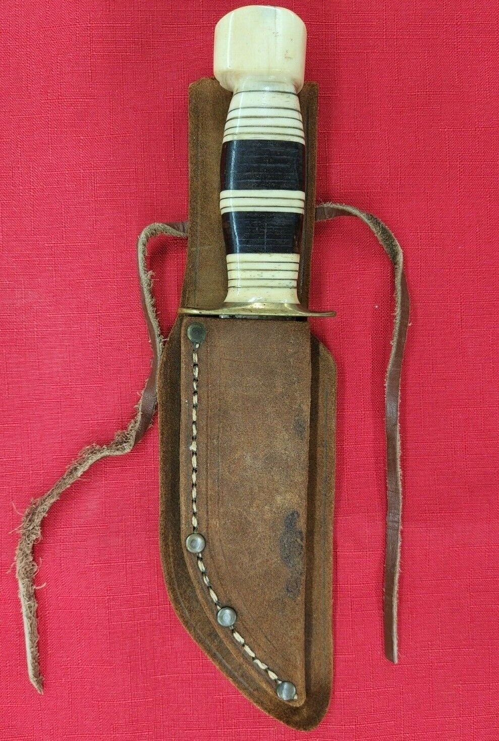 VINTAGE UNMARKED HAND FORGED KNIFE BONE, BRASS & LEATHER HANDLE WITH SHEATH