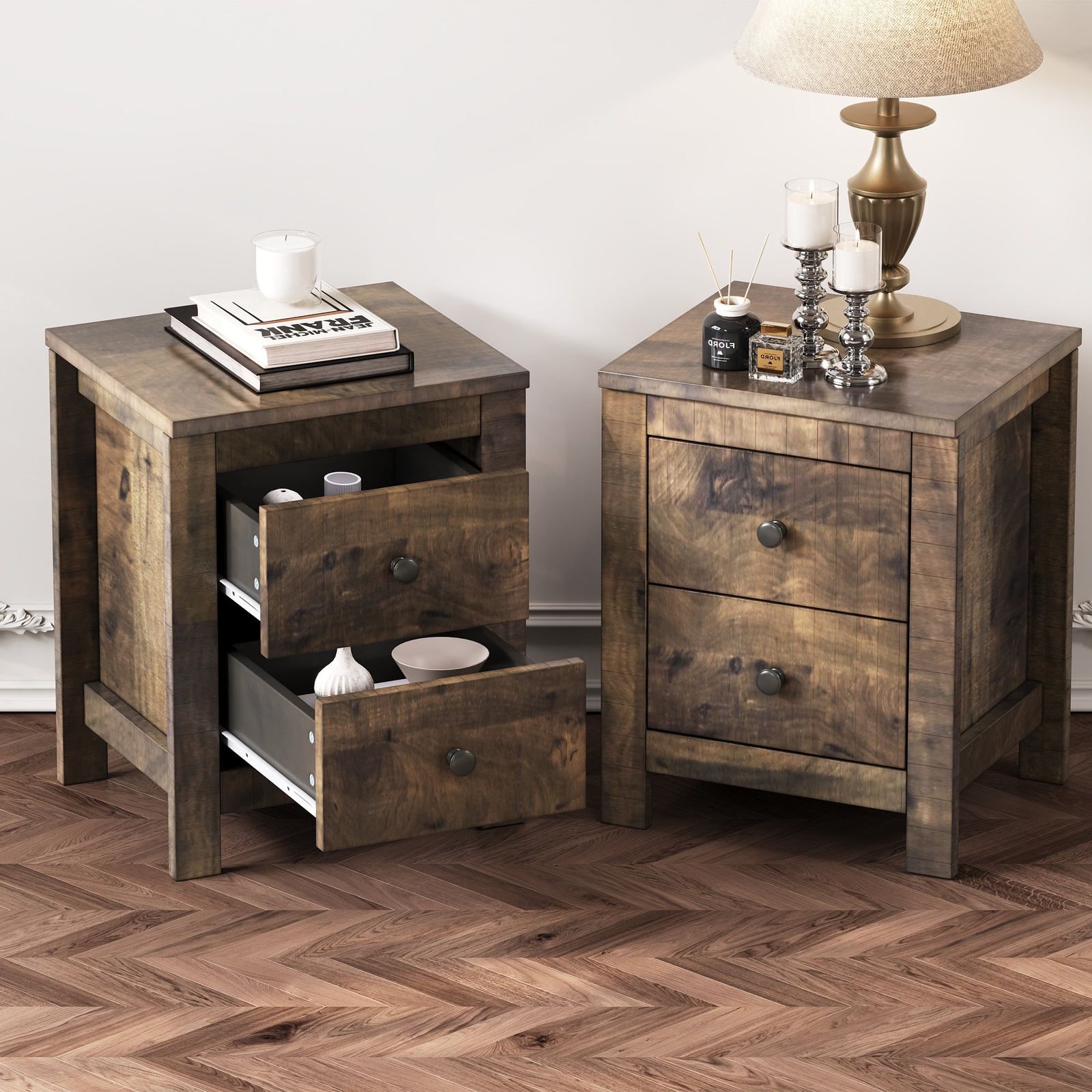 Rustic Farmhouse Nightstand Set of 2 with Distressed Finish