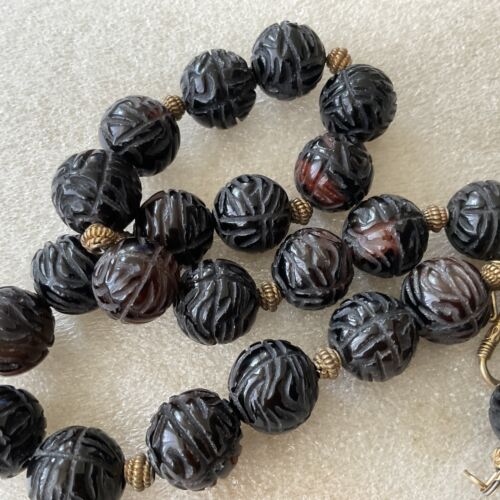 Antique Chinese Export Large Carved Brown Tiger Eye Beads 19”Necklace. 137.6 GR - Picture 1 of 9
